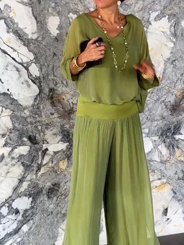 Elegant two-piece wide-leg chiffon pants