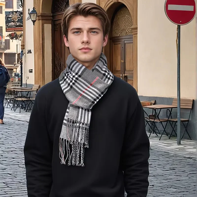 Luxury Plaid Cashmere Winter Scarf for Men - Image 7