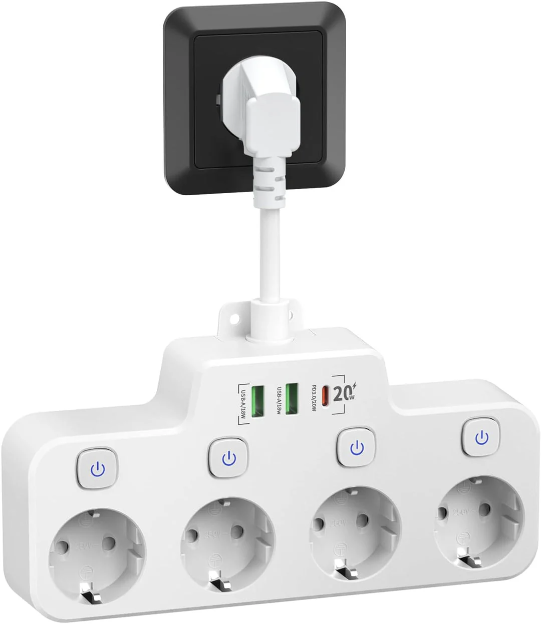 Wall-mounted Power Strip With Independent Switch - 2 USB A And 1 USB C