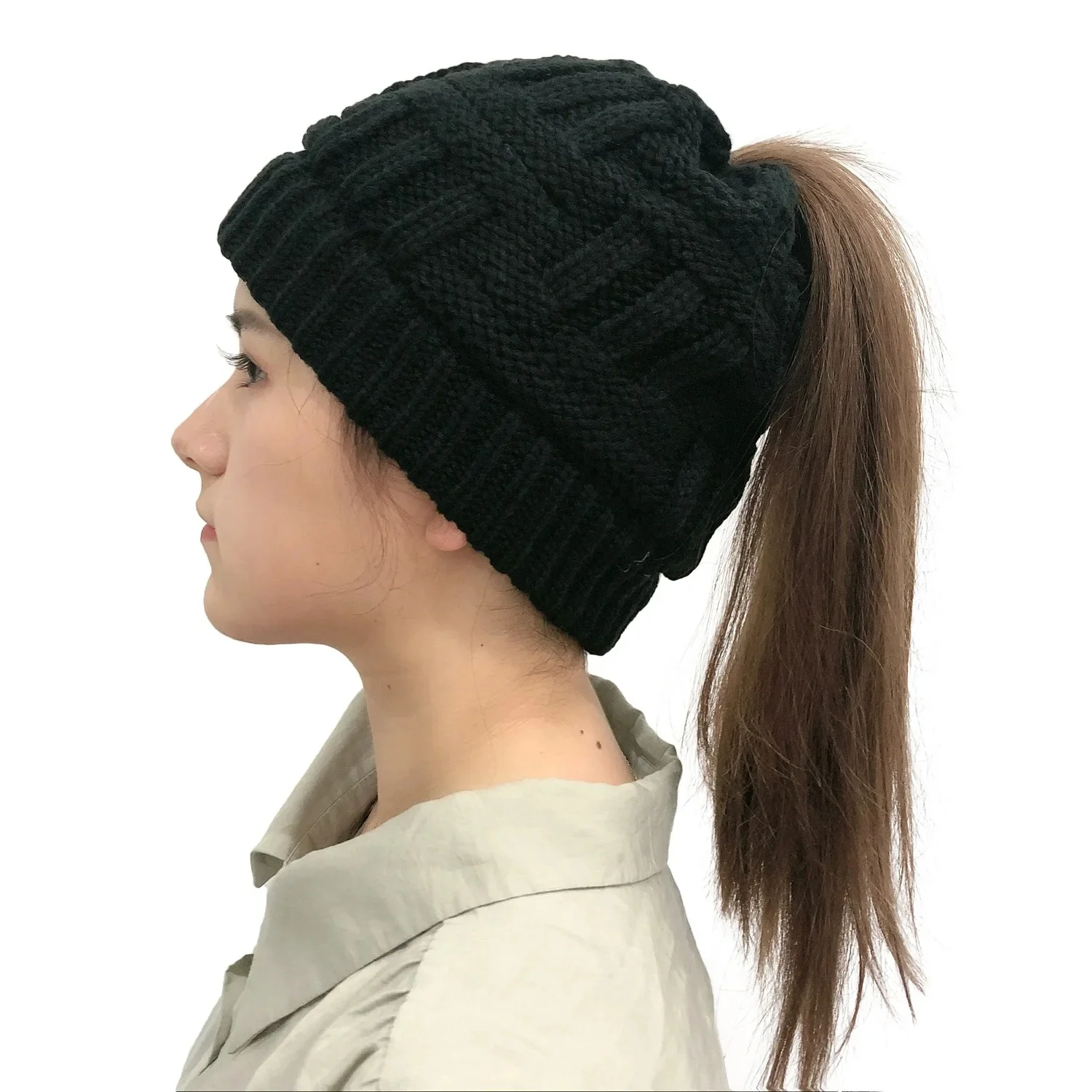 Women Winter Knit Beanie Ponytail Knit Hat